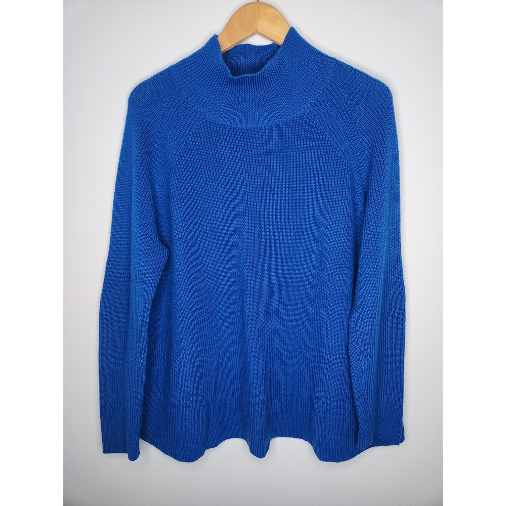 Eileen Fisher Merino Wool Oversized Knit Sweater Blue Large Mock Neck Raglan
